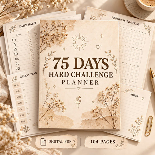 75 Days Hard Challenge Planner beige boho digital PDF cover