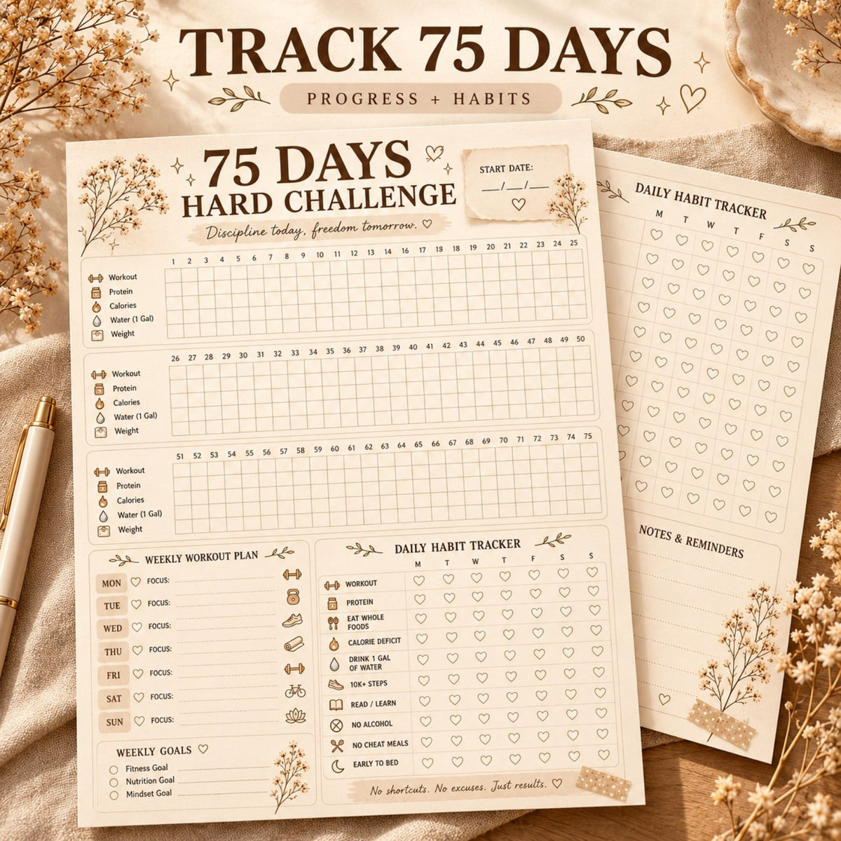 75 Days Hard Challenge 75-day progress and habit tracker pages