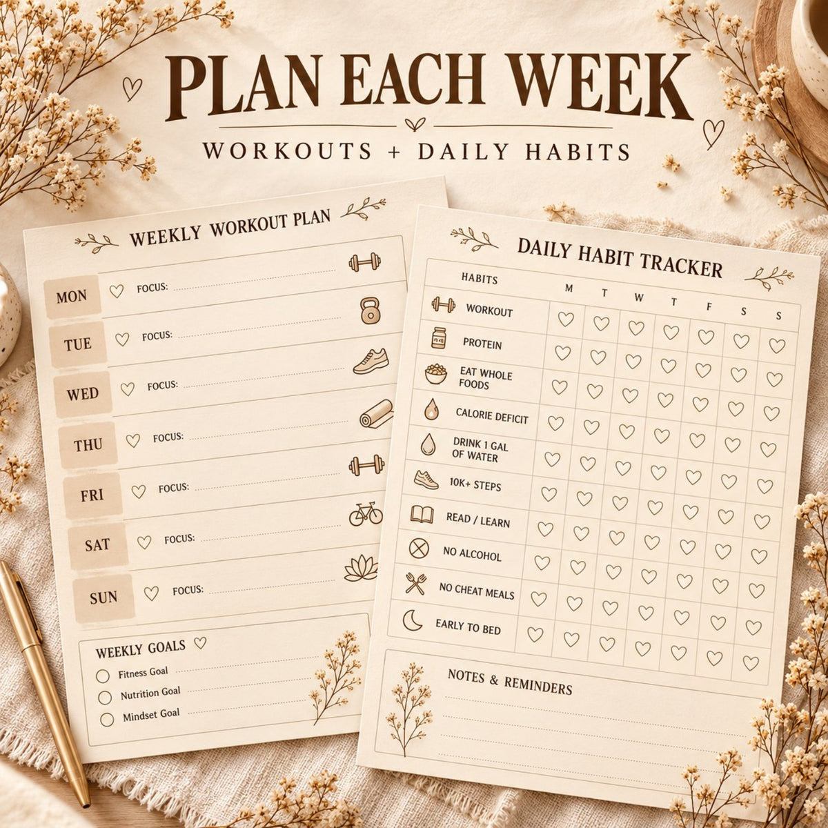 75 Days Hard Challenge weekly workout and daily habit planner pages