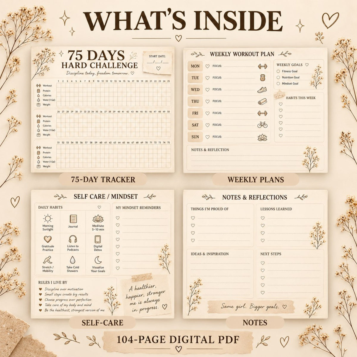75 Days Hard Challenge Planner what's inside 104 page digital PDF