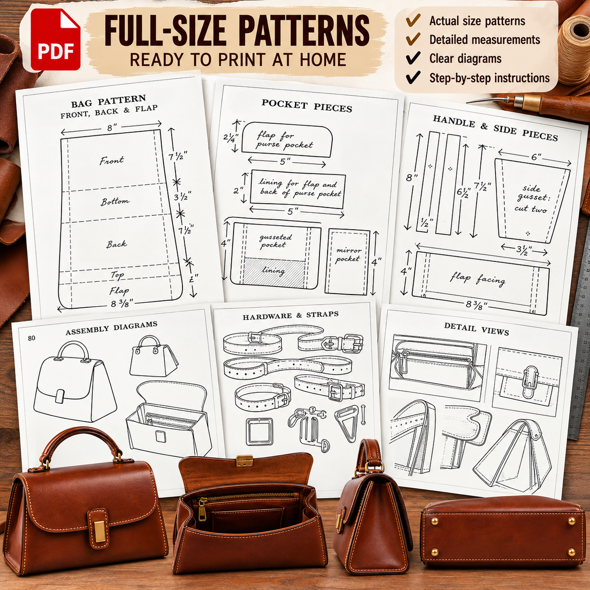 Full-size leathercraft patterns and diagrams