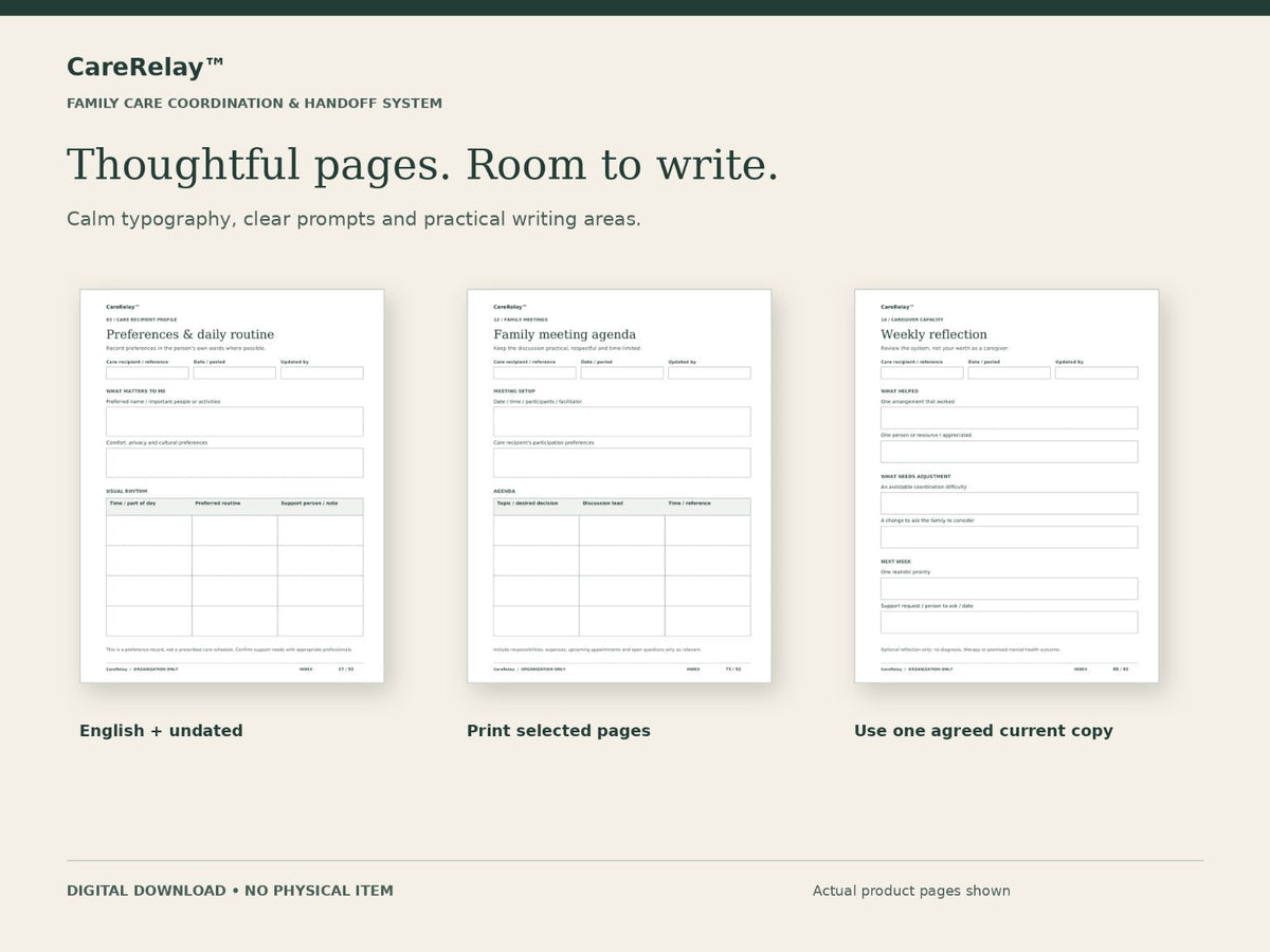 Printable preferences, family meeting and weekly reflection pages