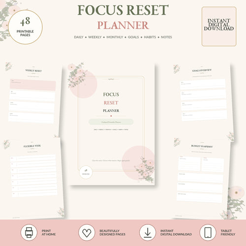 Focus Reset Planner premium floral printable planner – 48 pages